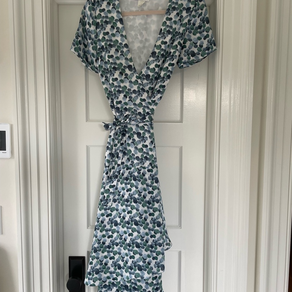 Club Monaco printed wrap dress with layered hem.